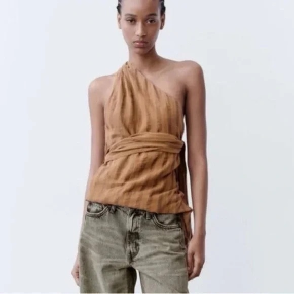 Zara Asymmetrical One Shoulder Wrap Halter Beaded Boho Top Size Medium NWT - Picture 4 of 8